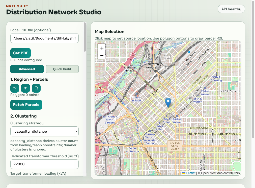 SHIFT Distribution Network Studio showing the Advanced workflow and map